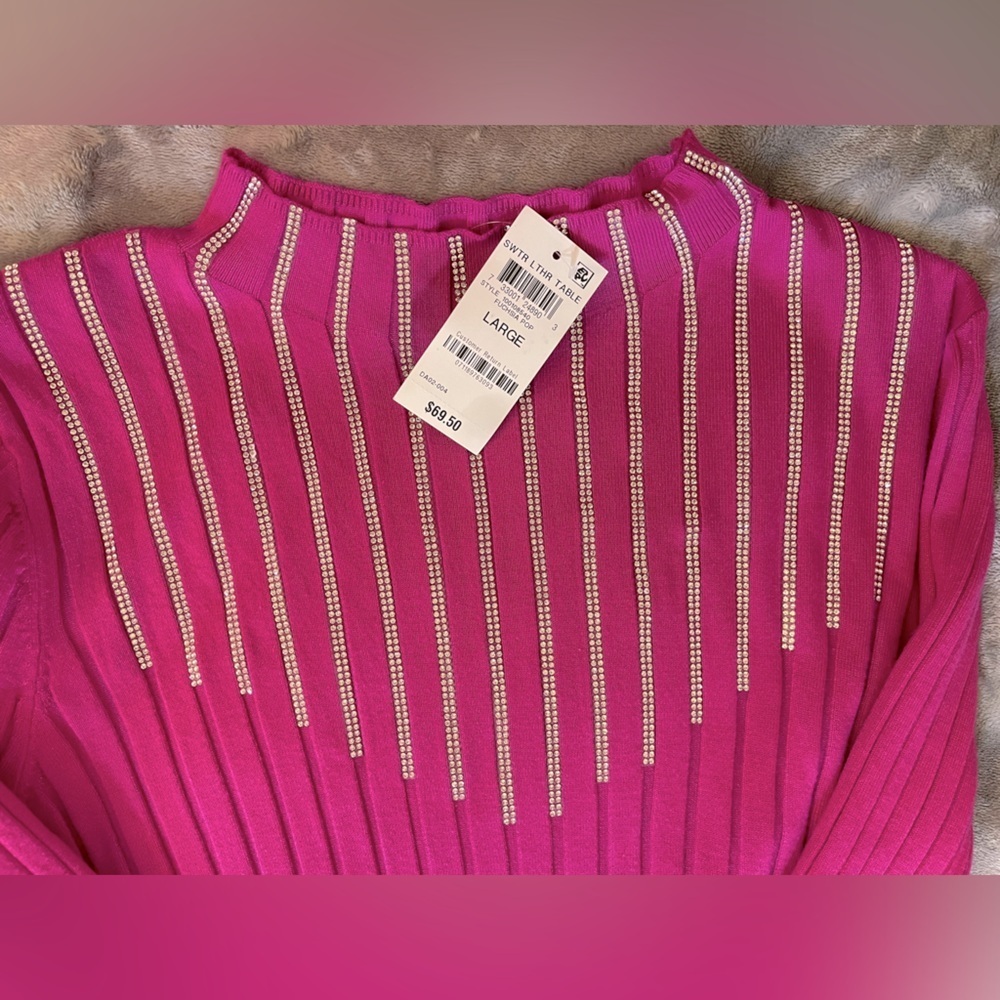 NWT. $70R.  INC Rhinestone Ribbed Top. Size Large. Fuchsia Pop - Picture 4 of 7